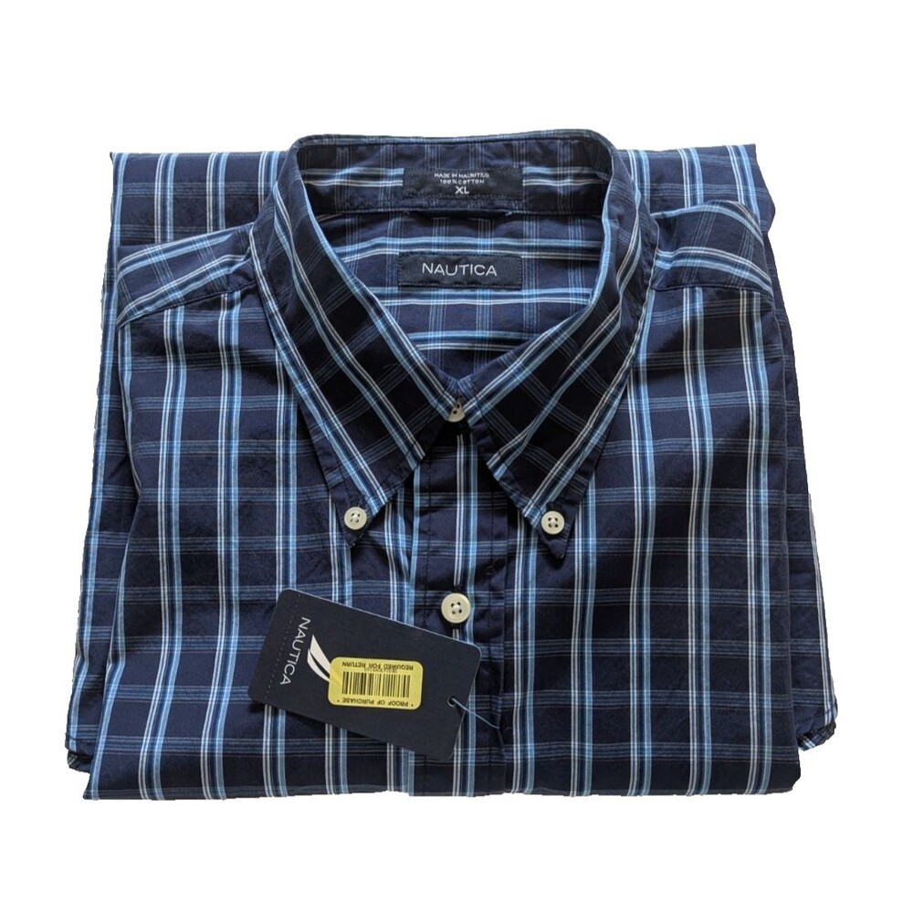 Nautica Men XL Blue White Plaid Button Down Short Sleeve Navtech Classic NWT